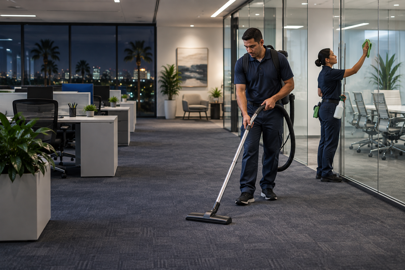Professional cleaners vacuuming and cleaning glass in a modern office
